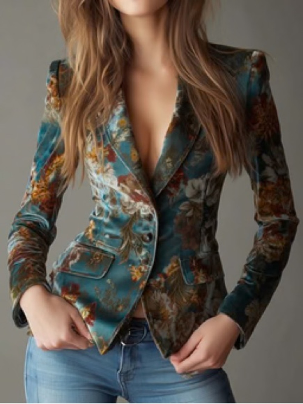 NWT Futario Teal Blue Floral Print Velvet Blazer Jacket Large Vintage Boho